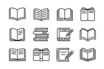Collection of book line art icons isolated on a transparent background