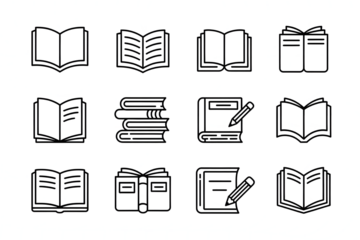 Collection of book line art icons isolated on a transparent background