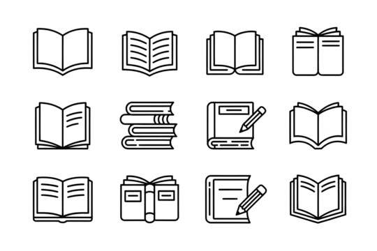 Collection of book line art icons isolated on a transparent background - Powered by Adobe