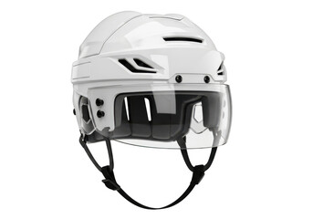 High resolution white hockey helmet with visor, protective gear, sports equipment, head protection isolated on transparent background