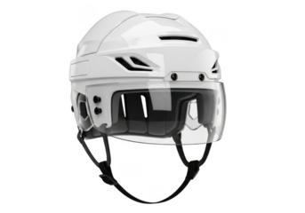 High resolution white hockey helmet with visor, protective gear, sports equipment, head protection isolated on transparent background