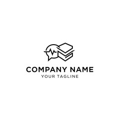 Logo design featuring a speech bubble with a pulse line and a stack of books.
