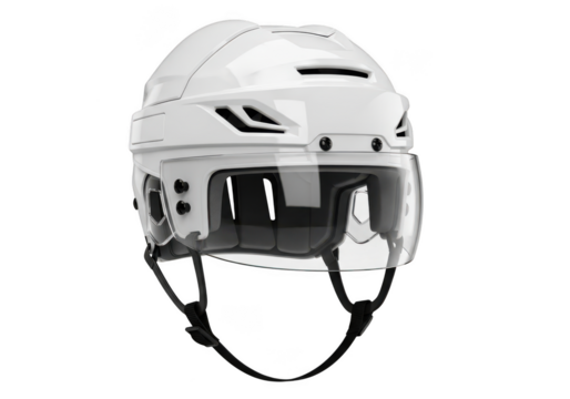 High resolution white hockey helmet with visor, protective gear, sports equipment, head protection isolated on transparent background