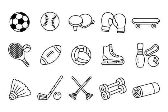 Hand Drawn Sports Equipment Collection isolated on a transparent background