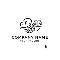 Modern line art logo combining a globe, speech bubbles, and scales of justice, representing global legal services, communication, and compliance.