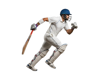 Running cricket batsman in action with bat and helmet, cricket player, sport athlete, wicket keeper, isolated on transparent background