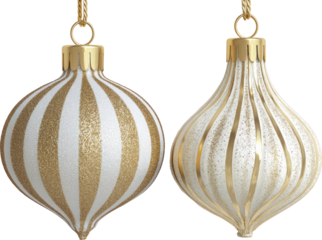 Gold striped ornament white glitter bauble luxury holiday decor festive gold accent
