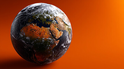 Globe with visible continents appears isolated against an orange backdrop, evoking sense of global awareness and environmental concern