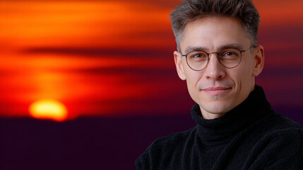 Man with glasses gazes pensively into distance, bathed in warm light of sunset His demeanor exudes quiet contemplation and inner peace