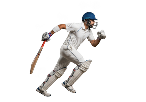 Running cricket batsman in action with bat and helmet, cricket player, sport athlete, wicket keeper, isolated on transparent background - Powered by Adobe