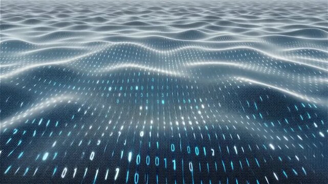 Abstract digital waves of glowing particles and binary code representing data flow and network connection.