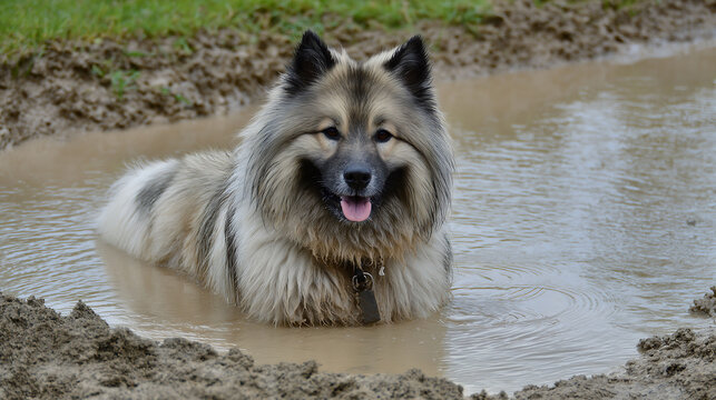 A keeshond playing in muddy puddles on a summer day, covered in dirt with high details