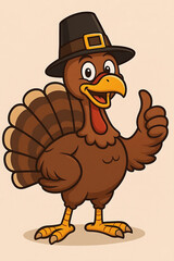Pilgrim Turkey Thanksgiving bird cartoon character wearing a pilgrim hat and giving a thumbs up