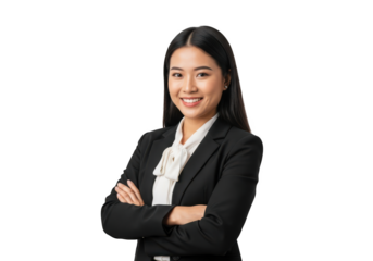 Professional asian businesswoman smiling portrait in suit, confident female executive isolated on transparent background