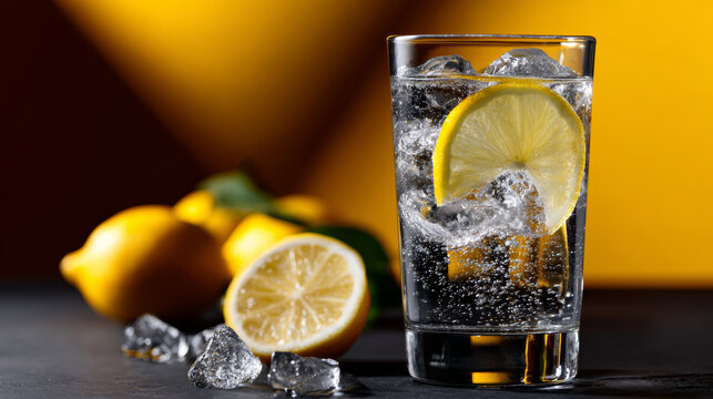 Refreshing beverage with lemon and ice looks bright and inviting, perfect thirst quencher on warm day, sparkling with citrusy delight