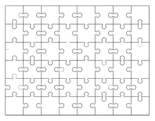 Blank white jigsaw puzzle with some pieces missing. A rectangular arrangement of puzzle components
