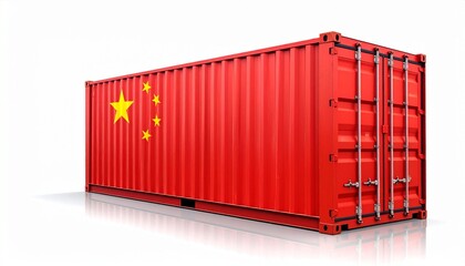 Red shipping container with Chinese flag painted on side, isolated on white background.
