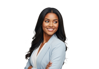 Professional smiling businesswoman portrait with arms crossed in light blue blazer stock photo isolated on transparent background