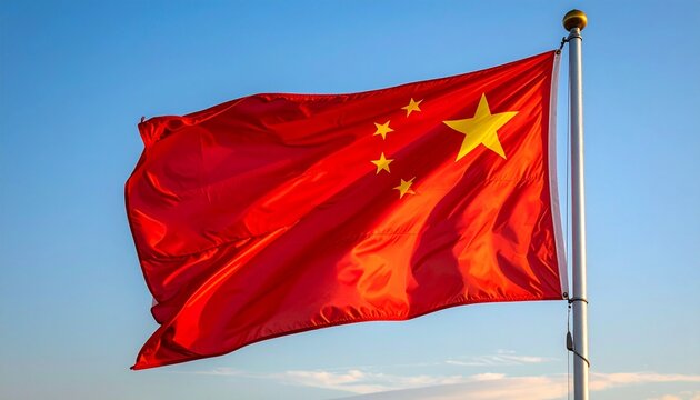Chinese national flag flying on pole against clear blue sky.