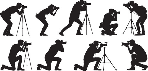 Silhouette of photographers in various poses with cameras and tripods