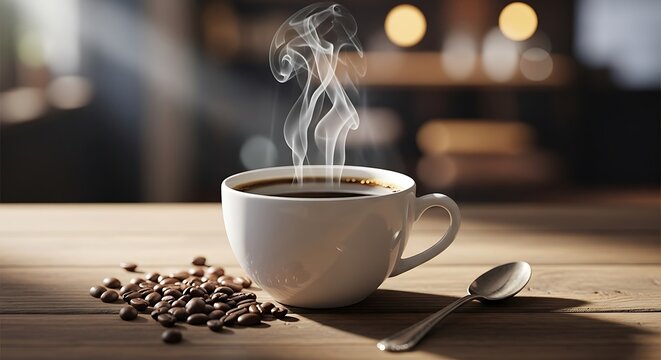 Steaming hot black coffee in a white ceramic cup on a rustic wooden table with scattered roasted beans and a spoon, evoking warmth and comfort in a cozy setting.