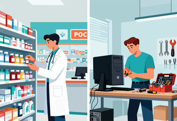 An illustration depicting a pharmacist selecting medication & technician fixing a computer