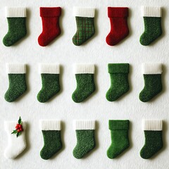 Green and red Christmas stockings arranged in a grid on a white background.