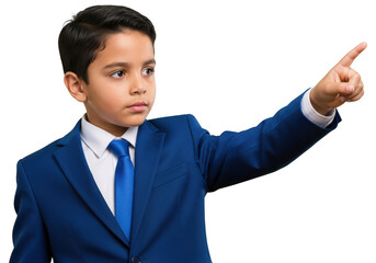 Young boy in blue suit pointing upwards, business kid, future leader, isolated on transparent background