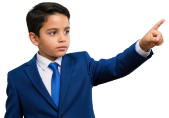 Young boy in blue suit pointing upwards, business kid, future leader, isolated on transparent background