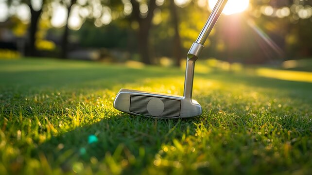 Golf putter hitting ball on green grass at sunrise
