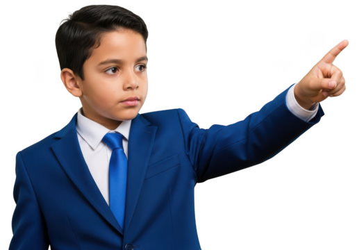 Young boy in blue suit pointing upwards, business kid, future leader, isolated on transparent background
