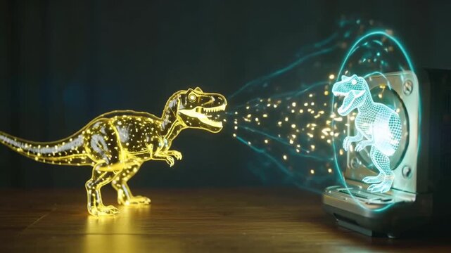 A futuristic glowing blue hologram of a roaring Tyrannosaurus Rex is displayed paleontology and prehistoric life incredible detail representing a modern museum exhibit or augmented reality technology