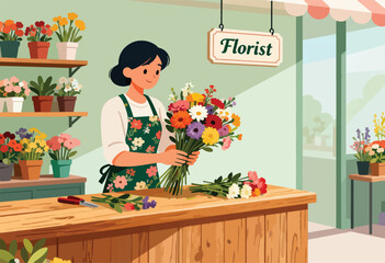 A florist in a shop arranges a vibrant bouquet. Shelves display potted flowers, with a hanging sign, awning & wooden counter