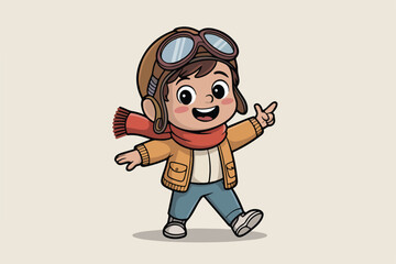 Fototapeta premium Cartoon illustration of a cheerful child dressed as a pilot with aviator goggles and a scarf, pointing