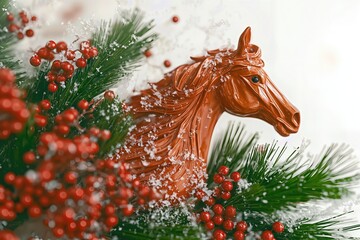 Brown horse sculpture surrounded by snowy pine branches and red berries.