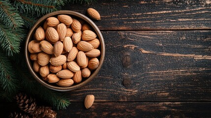 a bowl of natural, unadulterated almond nuts on a dark wooden background with pine branches and cones, concept for the christmas holiday season or new year party celebration in a festive mood.