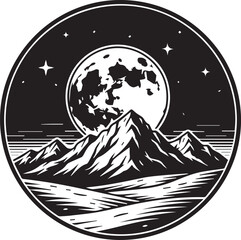 Celestial Mountain Night Sky Emblem - Black and White