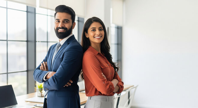 Confident Indian Business Professionals Smiling in Modern Office - Powered by Adobe