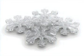 Transparent plastic snowflakes stacked together on a white background.