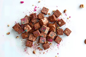 Pile of small chocolate cubes on a white background, sprinkled with cocoa powder, nuts and colorful crumbs.