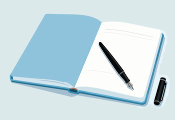An open blue notebook with a black fountain pen and cap, on a neutral background. Simple, illustrated