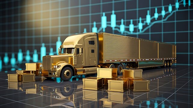 Golden transport truck with cargo boxes and rising financial chart
