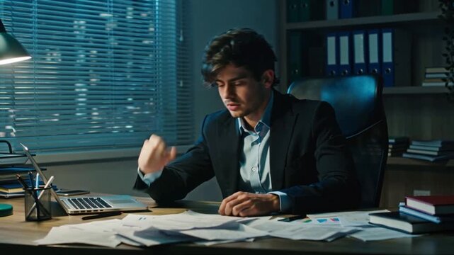 Depressed Overwhelmed man lots of paperwork feeling worried financial problem doing paperwork. Stressed businessman looking frustrated thinking money debt, budget loss, bankruptcy home office desk