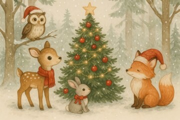 Naklejka premium Whimsical woodland animals celebrate Christmas.