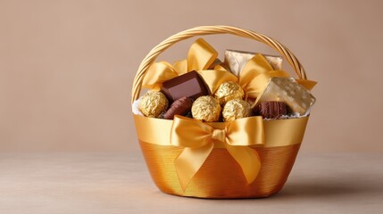 Luxurious golden gift basket filled with assorted chocolates, candies, and treats elegantly wrapped and adorned with a festive yellow ribbon for special occasions