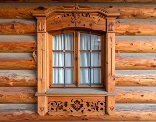 Carved wood window frame on log wall. Intricate detail above and below. White curtains can be seen through the panes