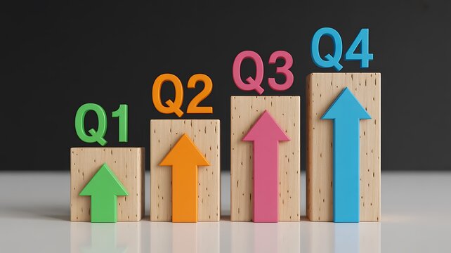 Colorful Q1 to Q4 growth arrows on wooden blocks
