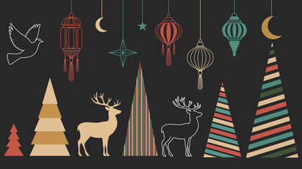Whimsical holiday scene with deer trees lanterns and crescent moons