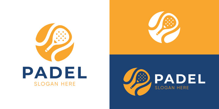 Creative simple padel logo template. Tennis ball with racket paddle symbol, sport logo design vector illustration.