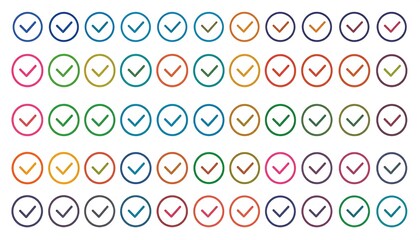Assortment of colorful check marks, each enclosed in a circle, arranged in rows and columns